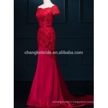 Elegant Red Short Sleeves Chiffon Satin Wedding Bridesmaid Dress Long Lace Gown